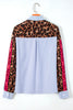 Sky Blue Stripe Contrasted Varsity Stripe Leopard Patchwork Button Down Shirt