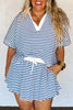 Blue Stripe Short Sleeve Collared V Neck Top Plus Size Skort Set