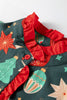 Green Christmas Fashion Print Contrast Trim Frilled Neck Short Sleeve Blouse