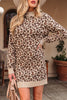 Khaki Leopard Print High Neck Shift Mini Sweater Dress