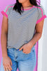 Rose Stripe Contrast Trim Round Neck Summer T Shirt