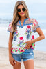 Pink Floral Striped Patchwork Short Sleeve Split Neck Blouse