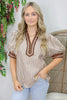 Khaki Stripe Collared Split Neck Short Bubble Sleeve Blouse