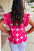 Rose Bubblegum Pattern Frilled Collar Flutter Sleeve Top