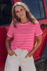 Green Stripe Scalloped Trim Round Neck T Shirt