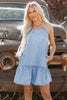 Beau Blue Bow Detail Spaghetti Straps Ruffle Hem Denim Short Dress