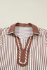 Khaki Stripe Collared Split Neck Short Bubble Sleeve Blouse