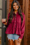 Burgundy Corduroy Ruffle Tiered Buttoned O Neck Shirt