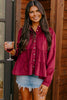 Burgundy Corduroy Ruffle Tiered Buttoned O Neck Shirt