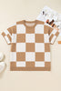 Light French Beige Plus Size Checkered Pattern Knit Short Sleeve Sweater