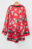 Red Christmas Fashion Print Contrast Ruffle Trim Ribbon Bow Knot 2pcs Pajama Set