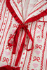 Red Sweet Floral Heart Bow Print Contrast Trim Long Sleeve Shirt Pajama Short Set