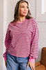 Pink Stripe V Neck Drop Shoulder Long Sleeve Top