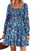 Blue Smocked Bodice High Waist Ruffled Sleeve Floral Dress