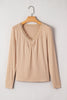 Smoke Gray Lace-trimmed Sweetheart Neckline Ruched Detail Long Sleeve T-shirt