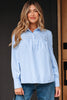 Sky Blue Stripe Shirred Detail Half Placket Collared Long Sleeve Fall Shirt