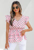 Pink V Neck Polka Dot Print Drawstring Tiered Babydoll Blouse