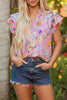 Pink Flutter Sleeve V Neck Floral Top