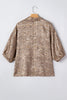 Brown Polo Collared V Neck Short Sleeve Metallic Leopard Blouse