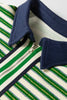 Dark Green Striped Print Contrast Collar Zip V Neck Long Sleeve Top