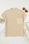 Black Patch Pocket Ribbed Knit Short Sleeve Sweater