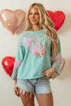 Beige Plaid Floral Peace Heart Graphic Wide Long Sleeve Top