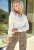 Beige Solid Color Cable Detail Knit Loose Round Neck Sweater