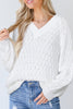 White Textured Knit Ribbed Edge V Neck Loose Sweater