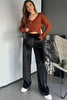 Black Shiny Velvet Drawstring High Waist Straight Leg Casual Pants