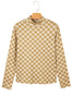 Khaki Check Pattern Turtleneck Ribbed Slim Long Sleeve Tee