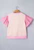 Pink Stripe Ruffled Short Sleeve Patchwork Blouse