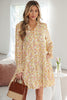 Yellow Floral Print Frilly Trim Smocked Cuff Long Sleeve Loose Shirt Dress
