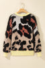 Khaki Leopard Print Drop Shoulder Long Sleeve Round Neck Sweater