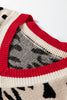 Khaki Leopard Pattern V-Neck Contrast Rib Knitted Sweater