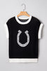 Black Horse Shoe Pattern Contrast Trim Short Sleeve Sweater