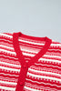 Red Geometric Striped Pattern V Neck Button Front Casual Knit Cardigan