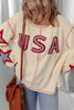 Beige USA Star Contrast Patchwork Exposed Seam Long Sleeve Top