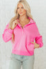 Bright Pink Half Button Stand Neck Drop Shoulder Sweatshirt