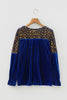 Sky Blue Leopard Patchwork Shoulder Flounce Sleeve Velvet Blouse