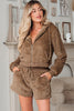 Parchment Zip Up Hoodie Drawstring Shorts Sherpa 2pcs Outfit