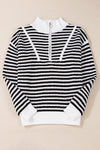 Black Stripe Zip up Collar Drop Shoulder Sweater