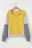 Yellow Stripe Color Block Drawstring V Neck Loose Fit Hooded Top