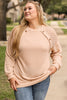 Beige Plus Size Lace Patchwork Buttons Waffle Knit Top