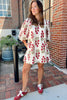 White Floral Print V Neck 3/4 Sleeve Loose Mini Dress