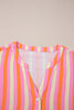Pink Stripe Crinkled Half Buttons V Neck Plus Size Blouse
