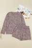 Khaki Leopard Ribbed Long Sleeve Top Drawstring Shorts 2pcs Outfit