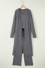Dark Grey 3pcs V Neck T Shirt Ribbon Knot Pants Open Duster 3pcs Lounge Set