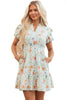 Beige Floral Print Shirred High Waist Puff Sleeve Mini Dress
