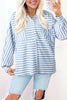 Sky Blue Stripe Half Button Collared Chest Pockets Loose Fit Blouse