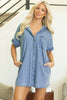 Dusk Blue Short Sleeve Pocketed Button up Denim Tunic Dress